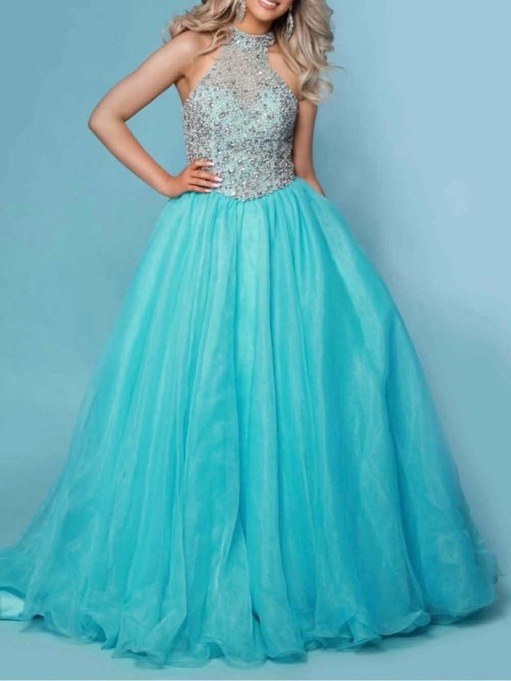 Rhinestone Halter Ball Gown Dress in Aqua